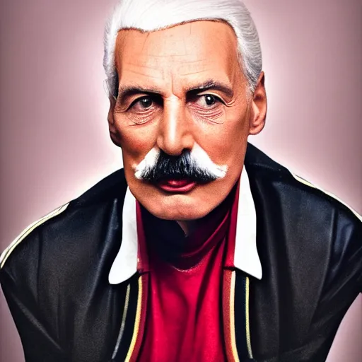 Prompt: old freddie mercury singer at age 9 0 years old, color ( sony a 7 r iv, symmetric balance, polarizing filter, photolab, lightroom, 4 k, dolby vision, photography award ), vogue, perfect face, movie poster