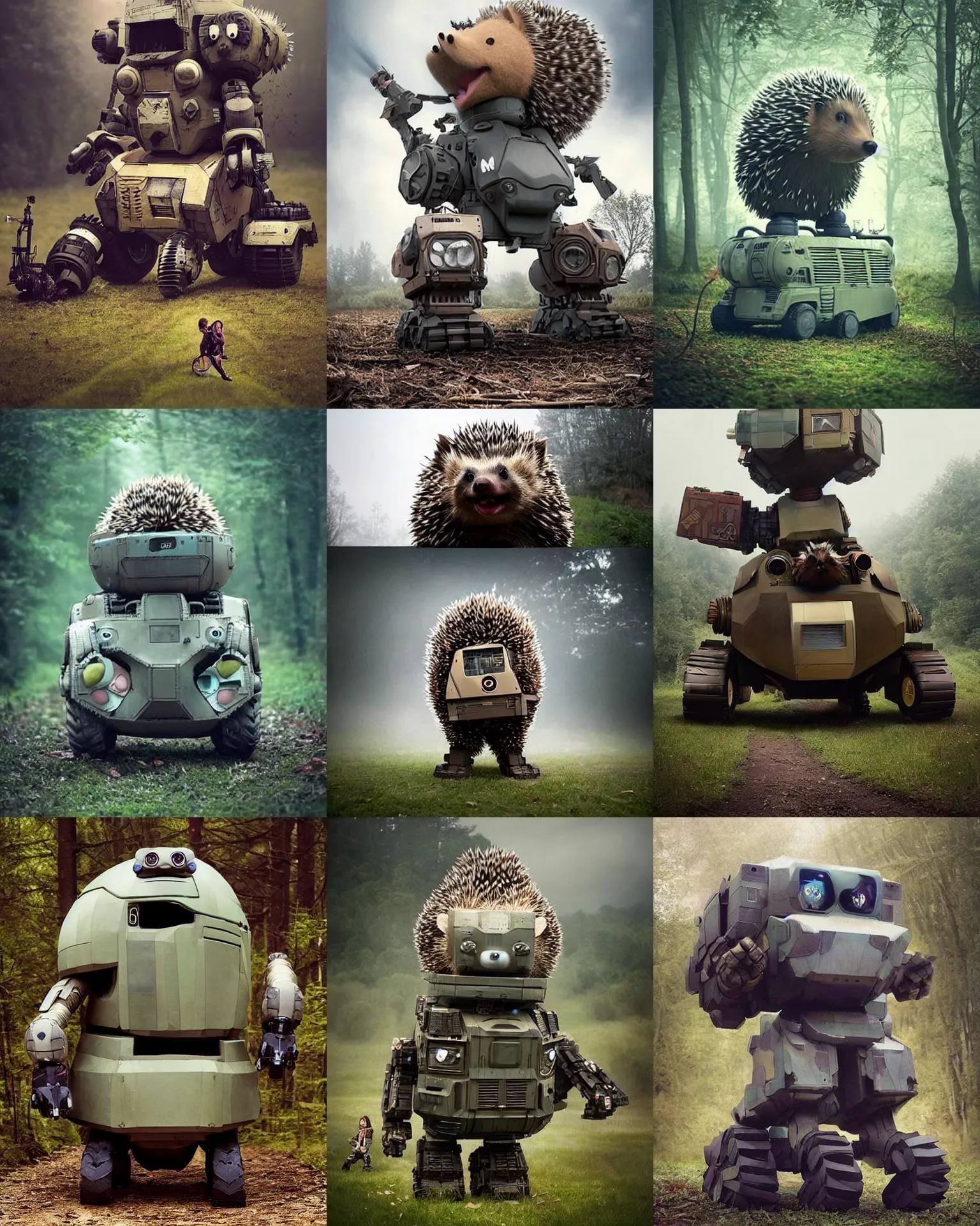 Prompt: giant oversized battle hedgehog robot wacky chubby war mech vehicle! train with giant oversized hair ,nose and hedgehog babies ,on forest path , full body , Cinematic focus, Polaroid photo, vintage , neutral dull colors, foggy , by oleg oprisco , by thomas peschak, by discovery channel, by victor enrich , by gregory crewdson