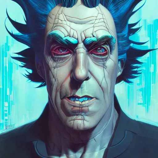 Image similar to 5 5 5 rick sanchez cyberpunk portrait by gaston bussierre and charles vess and james jean and erik jones and rhads, inspired by ghost in the shell, beautiful fine face features, intricate high details, sharp, ultradetailed
