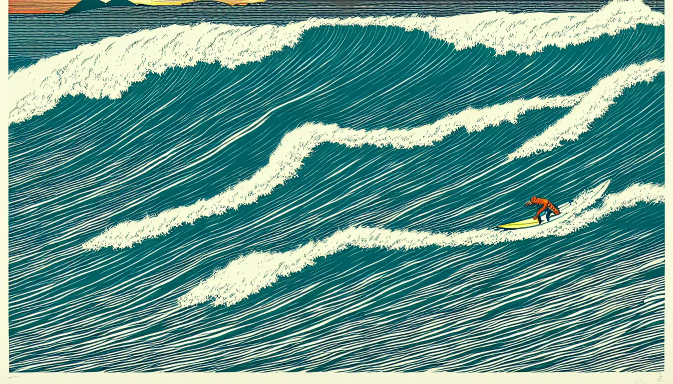 Prompt: surfing wave by dan mumford and peter doig and edward hopper, symmetrical, minimal, black ink, thick lines highly detailed, muted colours, overlaid with chinese adverts, 8 k