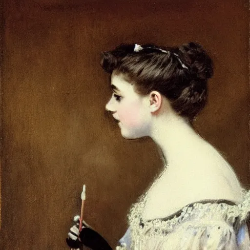 Image similar to young victorian lady in ball gown, absent - minded chewing on the end of a pencil, painted by alfred stevens