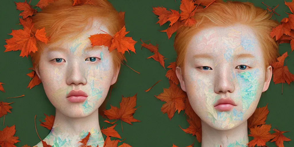 Image similar to breathtaking detailed pattern pastel colors of an ethereal ginger teenager with a face made of autumn leaves, by hsiao - ron cheng, bizarre compositions, exquisite detail, 8 k