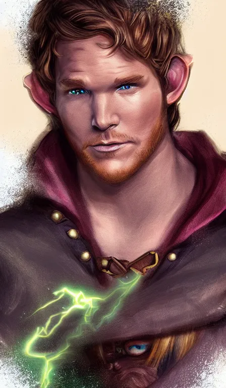 Image similar to cute whimsical half - elf sorcerer rogue with lightning, chris pratt light - brown skin d & d fantasy portrait highly detailed digital painting