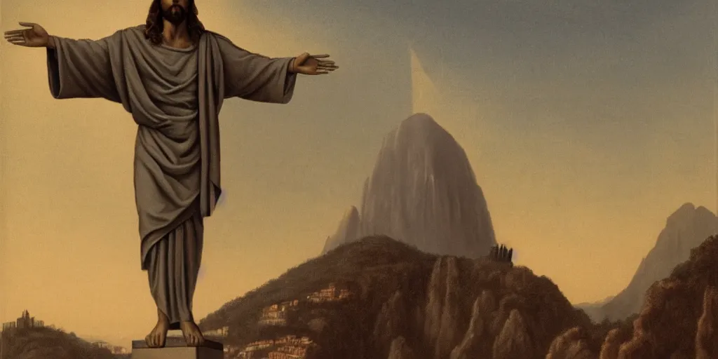 Image similar to a portrait of a humanized version of christ the redeemer