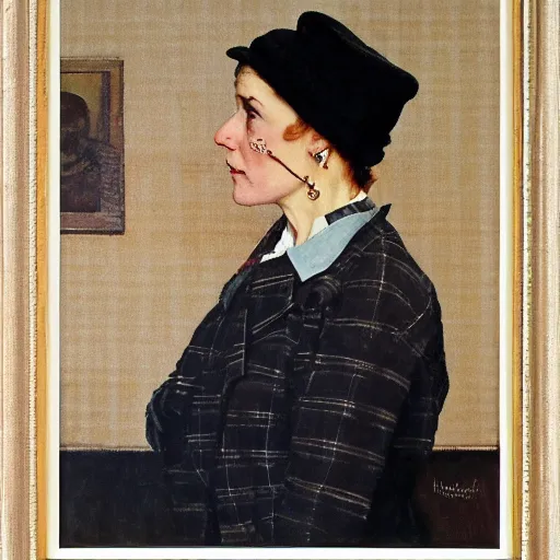 Prompt: Front portrait of a bored woman with a plaid blazer, bangs and a beret. A painting by Norman Rockwell.