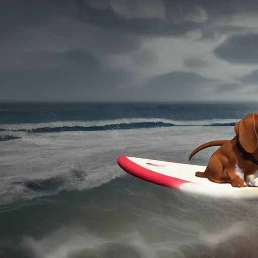 Prompt: beagle on a surfboard, surfing waves of an ocean, digital art, octane render, imax, trending on artstation, dark mood