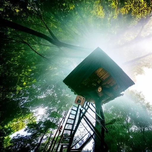 Image similar to A pov in a tree house, photo national geographic, gopro, ultrahd, morning mist, beautiful