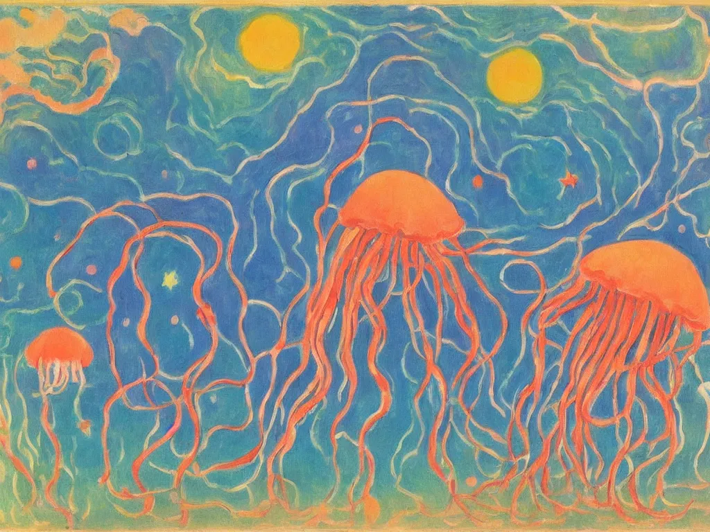 Prompt: jellyfish octopus, grow in the ground, elegant, vigorous, sunset, ocean land, nebula moon, sharp focus, by henri matisse