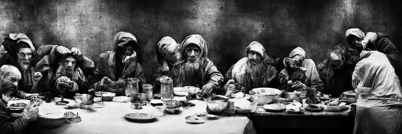 Image similar to Award Winning Editorial wide-angle picture of a Tramps in a new York Soup Kitchen by David Bailey and Lee Jeffries, called 'The Last Supper', 85mm ND 5, perfect lighting, gelatin silver process