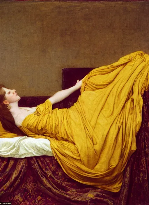 Prompt: masterpiece portrait of lady reclining on bed, flowing cloth floating in the wind, wearing yellow ochre ornate medieval dress, vertical, foreshortening, colour photography by frederic leighton, william morris, 8 k