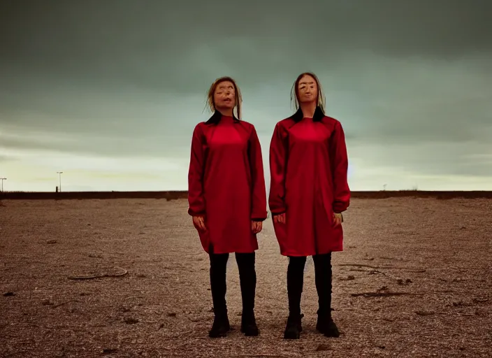 Image similar to cinestill 5 0 d closeup photographic portrait of two clones in front of a brutalist metal building, techwear women, on a desolate plain, red sky, black oversized clothes, depth of field, 4 k, 8 k, hd, full color