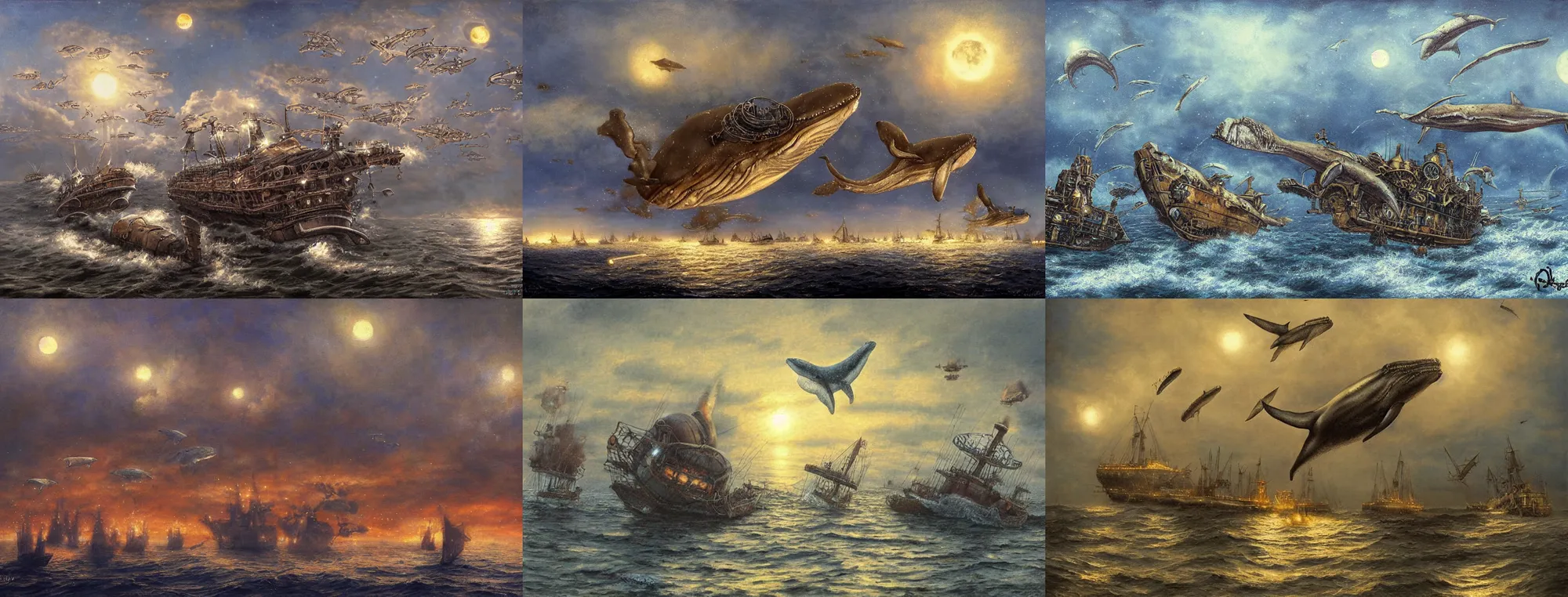Prompt: whales jumping over steampunk airships on a cloudy night lit by the full moons in the sky, by Didier Graffet, by Min Guen, by Giovani Magana, vivid colors