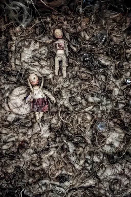 Prompt: dirty cracked screaming vintage doll maggots in eyes in darkly lit dusty basement cobwebs blair witch style photo