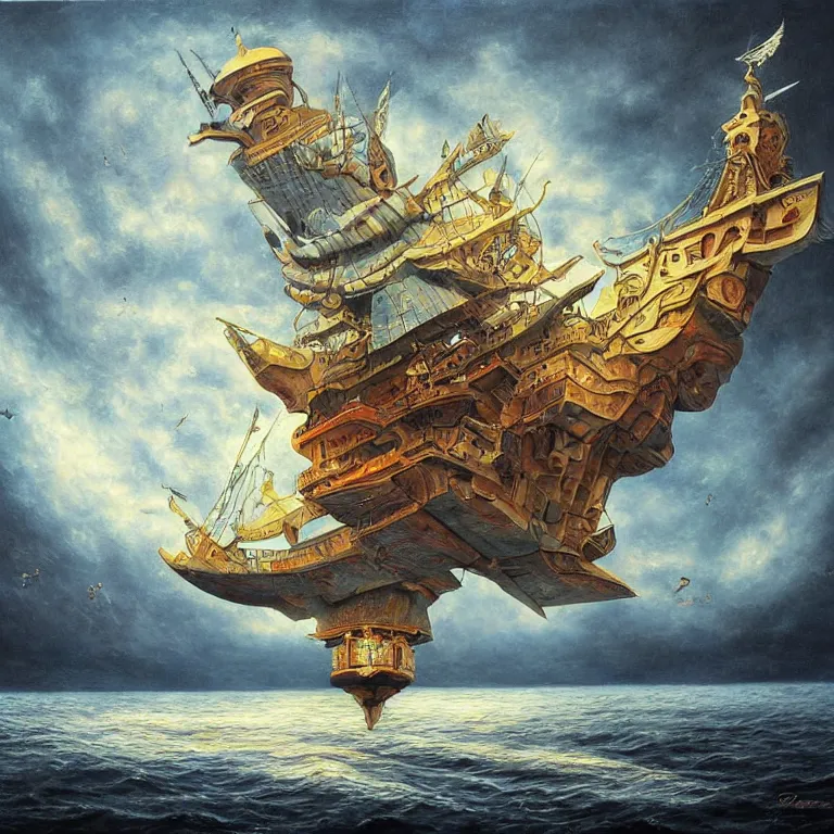 Image similar to flying ship by tomek setowski, surreal oil painting, dream like, highly detailed, symmetry, masterpiece