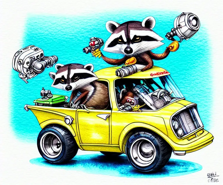 Prompt: cute and funny, racoon wearing a helmet riding in a tiny hot rod with oversized engine, ratfink style by ed roth, centered award winning watercolor pen illustration, isometric illustration by chihiro iwasaki, edited by craola, tiny details by artgerm and watercolor girl, symmetrically isometrically centered