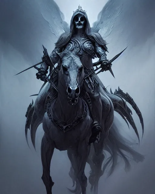 Image similar to concept art by artgerm, death of the four horsemen of the apocalypse, soft grey and blue natural light, intricate, queen of death riding, highly detailed dark art, digital painting, artstation, concept art, smooth, sharp focus, illustration, art by greg rutkowski and luis rollo and uang guangjian and gil elvgren, symmetry!