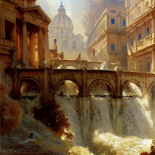 Prompt: waterfall flooding an entire city of rome. highly detailed painting by gaston bussiere, craig mullins, j. c. leyendecker