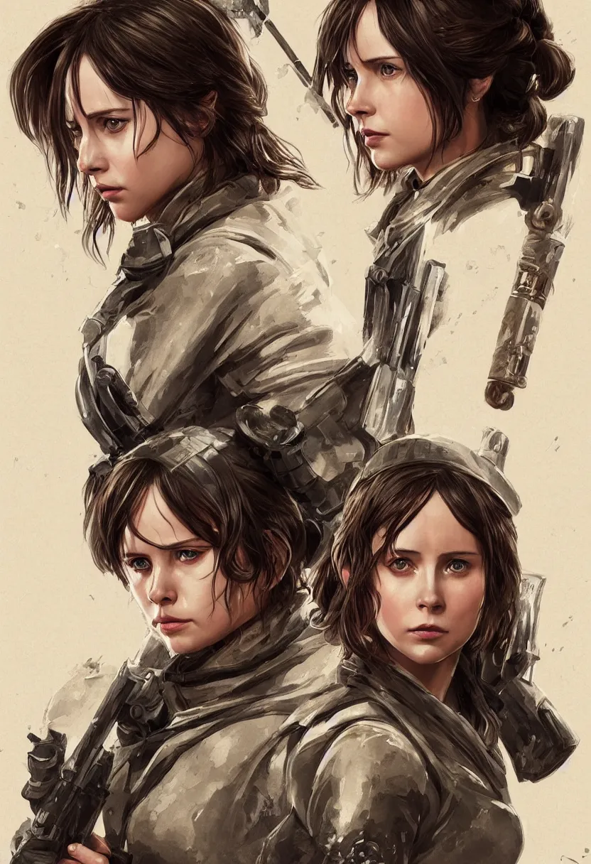 Image similar to movie poster of gorgeous jyn erso in sheer samurai armor, by calum alexander watt, portrait, profile posing, perfect anatomy, character portrait, full body, hyper photorealistic, insane detail, digital photography, artstation, concept art