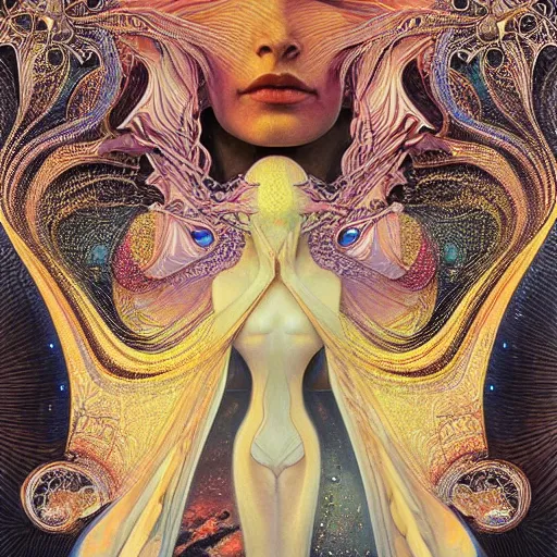 Prompt: queen of the galaxy by zaha hadid, zdzisław beksinski, alphonse mucha. highly detailed, hyper - real, very beautiful, intricate fractal details, very complex, opulent, epic, mysterious, polished, futuristic design, trending on deviantart and artstation