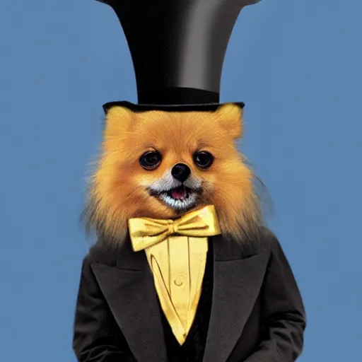 Image similar to a tan pomeranian wearing a top - hat and monocle and sitting on large pile of featureless gold coins