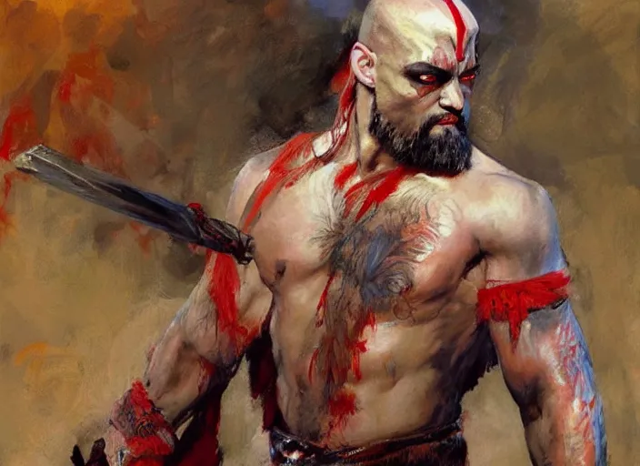 Prompt: a highly detailed beautiful portrait of johny depp as kratos, by gregory manchess, james gurney, james jean