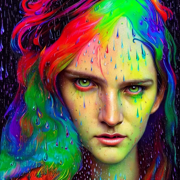 Image similar to bright psychedelic portrait with rain on face and wet hair, wings, smiling, diffuse lighting, fantasy, intricate, elegant, highly detailed, lifelike, photorealistic, digital painting, artstation, illustration, concept art, smooth, sharp focus, art by John Collier and Albert Aublet and Krenz Cushart and Artem Demura and Alphonse Mucha