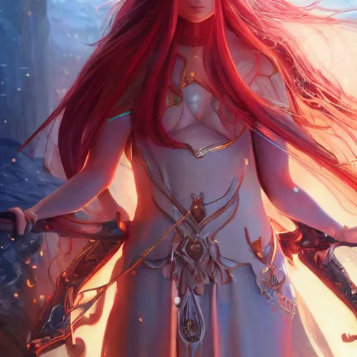 Image similar to an elven priestess with red long hair in a very good beautiful heavy scale armor, wearing a cape, casting a fire spell, dungeon background, magical, bright, colorful, fantastic lighting, amazing details, 4 k uhd, illustration by hayao miyazaki and makoto shinkai and ilya kuvshinov, artstation, pixiv,