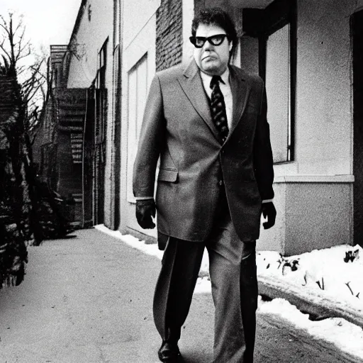 Image similar to Morton Feldman wearing a powersuit while walking through the suburbs in the winter