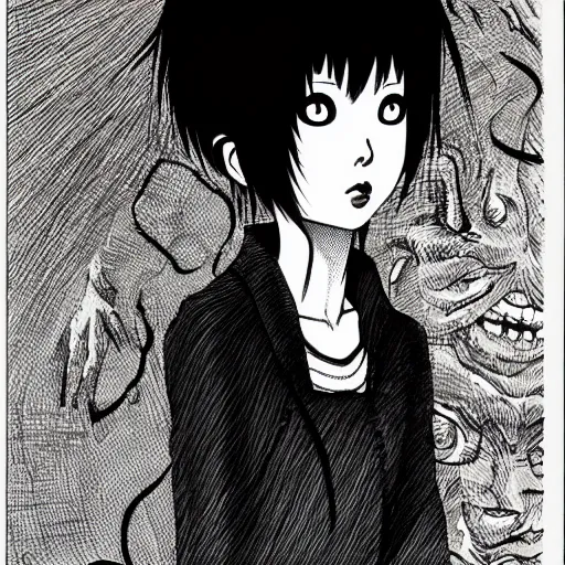 Prompt: Junji Ito’s Tomie drawn by Makoto Shinkai
