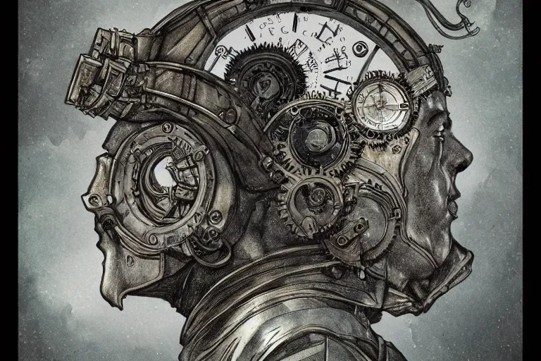 Image similar to portrait of clockwork commander, in the style of Greg Broadmore and Arthur Rackham,trending on artstation, light lighting side view,digital art,surrealism ,macro,blueprint ,vaporwave ,