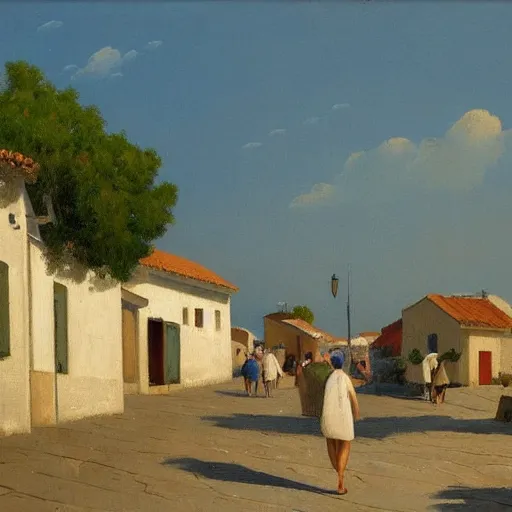 Prompt: a beautiful painting of a mediterranean fishing village in summer by peter ilsted, whitewashed housed, cypress trees, cyan shutters on windows, trending and featured on artstation and behance, people walking down a street