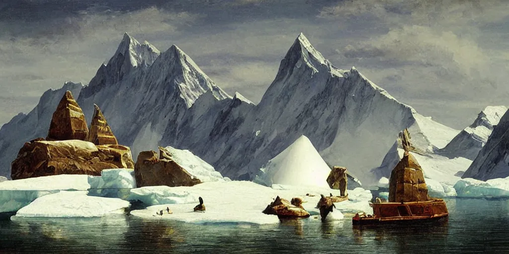 Image similar to Antarctica with pyramids, oil painting, highly detailed, artwork, in style of Albert bierstadt