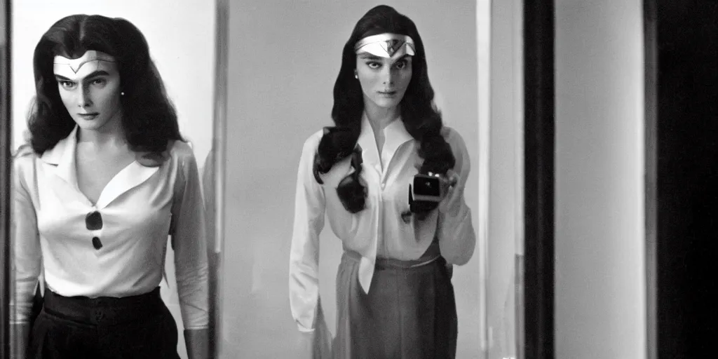 Image similar to ultra wide angle photo of young caitlin jenner, born female, dressed in a white blouse and black dress pants as diana prince looking at herself in a bathroom mirror and seeing her reflection as wonder woman