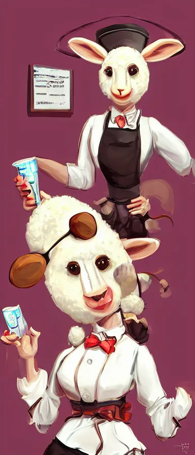 Image similar to beautiful female sheep anthropomorphic working as a waitress, digital art, cartoon, hyper detailed