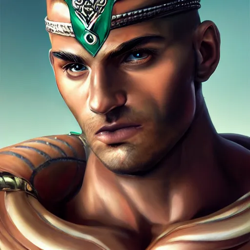 Image similar to handsome portrait of a spartan guy bodybuilder posing, intricate details, trending on artstation, sharp focus, caustics, radiant light, translucence, style of vento aureo cover art, style of stone ocean cover art, style of steel ball run cover art, ilya kuvishinov style, illustrated by hirohhiko araki