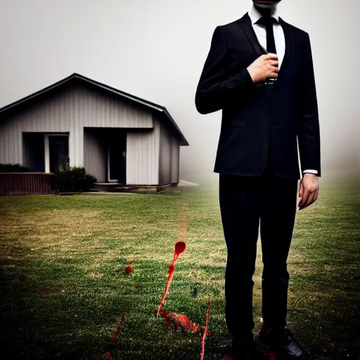 Image similar to man in strict suit, one man, an indifferent face, house on background, bloody knife, blood on body, full body, little fog, evening, extremely detailed, sharp focus, professional photographer, professional model, minimalism, real life