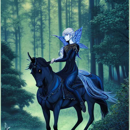 Prompt: highly detailed painting of an elven fairy riding a horse in the forest, highly detailed, painting, dark blue and black color palette, intricate, high quality anime artstyle, in the style of ilya kuvshinov