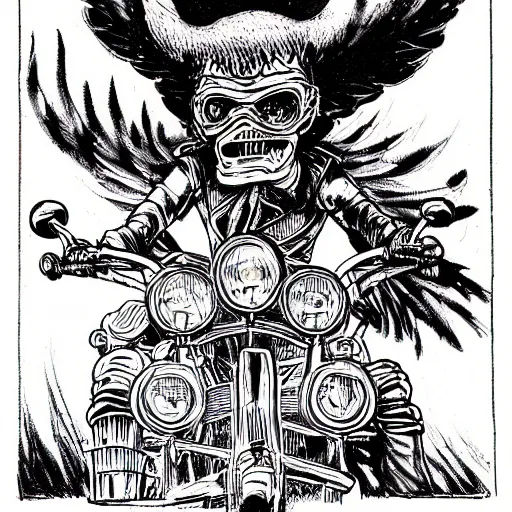 Image similar to hells angel biker riding through a burning street, intricate ink drawing, highly detailed in the style of jamie hewlett