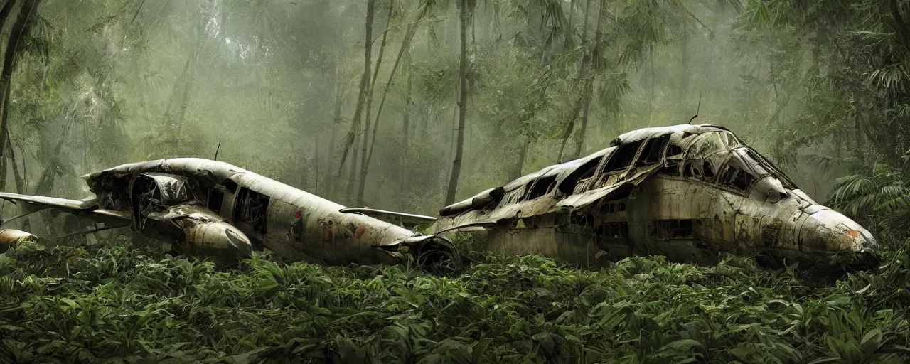 Prompt: an intricate concept art of a crashed military plane in the middle of a bamboo jungle, artstation, sci - fi, hyper realistic, concept art, art by dylan cole, cinematic lighting, octane render