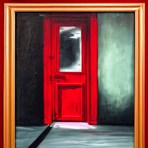 Image similar to a haunting painting in a bright red frame