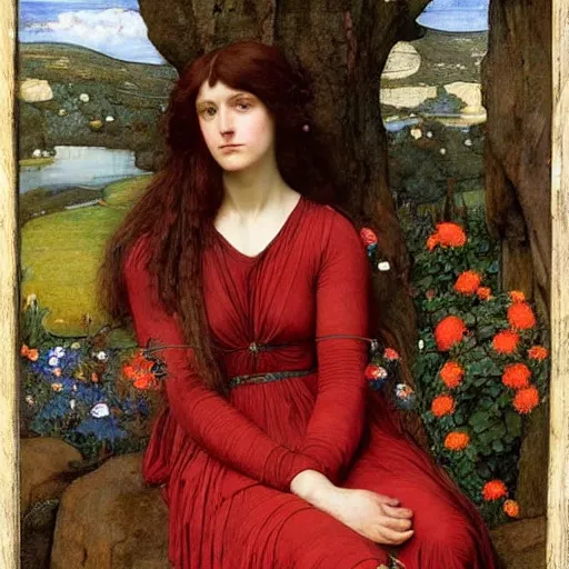 Image similar to Pre-Raphaelite painting of a woman with dark hair in a dark red dress holding a sword in her lap, sitting on a throne of rocks looking down on you, surrounded by flowers and neural networks and geometric drawings, by John William Waterhouse, Pre-Raphaelite painting