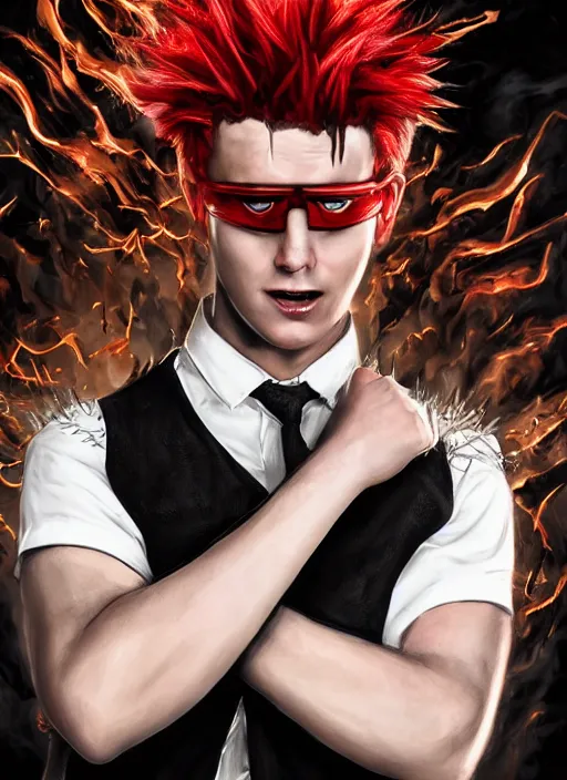 Image similar to An epic fantasy comic book style portrait painting of young man with long red spiked hair. Wearing a black waistcoat, white shirt, using googles. Blasting fire on his hands. Unreal 5, DAZ, hyperrealistic, octane render, cosplay, RPG portrait, dynamic lighting