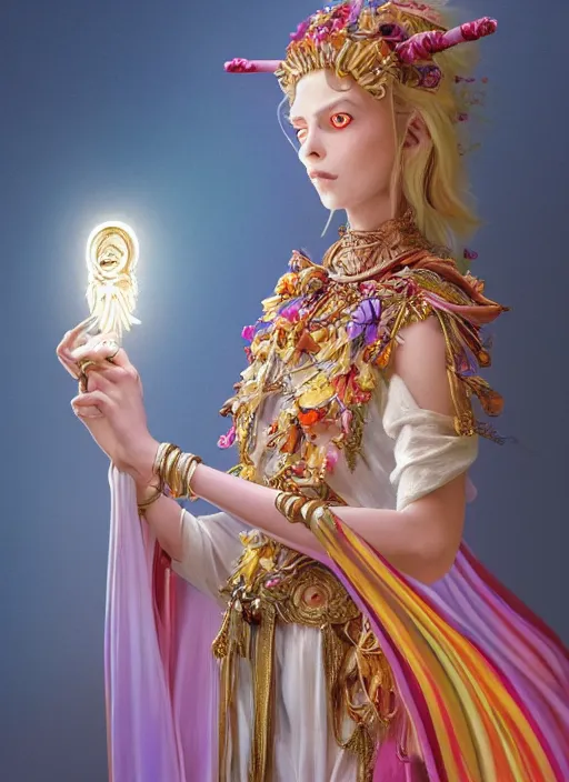 Image similar to an anthropomorphic beautiful goddess female wizard made of angel portrait holding a staff wearing colourful robe, fine art, award winning, intricate, elegant, sharp focus, octane render, hyperrealistic, cinematic lighting, highly detailed, digital painting, 8 k concept art, art by jamie hewlett and z. w. gu, masterpiece, trending on artstation, 8 k