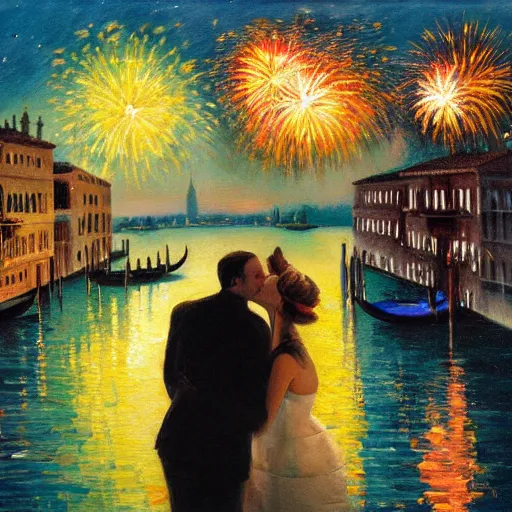 Image similar to an oil painting of couple kissing, in a background fireworks in venice