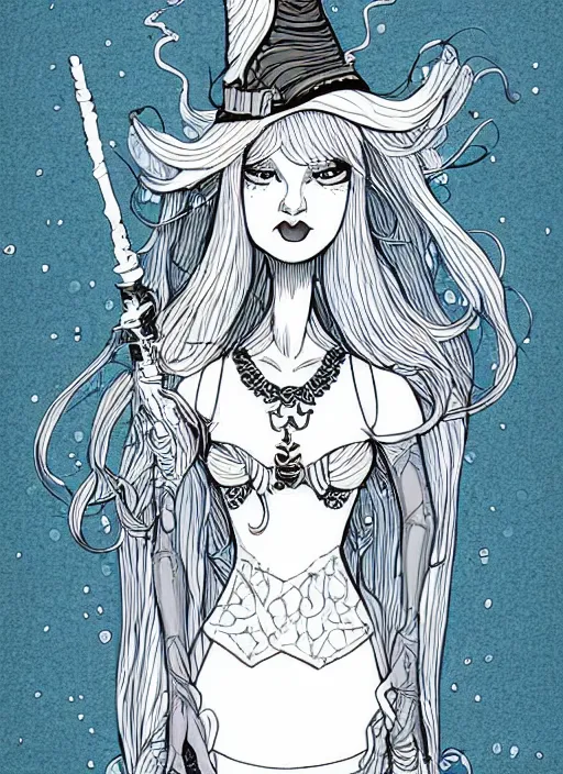 Image similar to snow witch character design by matthieu cousin, pen and ink illustration, fine inking lines, flat colors, concept art