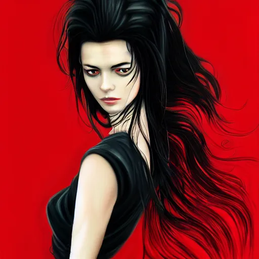 Prompt: stunning comic book style portrait painting of Long Black Haired beautiful woman wearing red dress, red eyes, holding black blade, in the style of WLOP, 8k masterpiece, cinematic lighting, pristine clean design, high fantasy, insanely detailed, atmospheric,