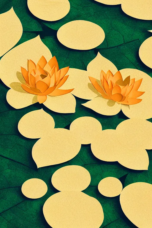 Image similar to lilyPads with Lotus flowers in the golden hour, paper cut art, close up, DOF, 8k, artstation,