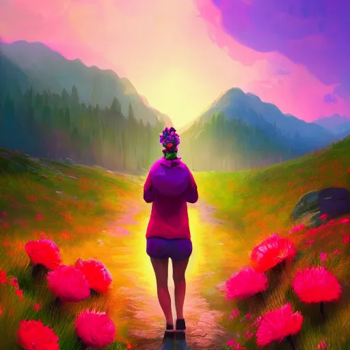 Image similar to giant carnation flower head, girl hiking in the mountains, surreal photography, sunrise, dramatic light, impressionist painting, colorful clouds, digital painting, artstation, simon stalenhag