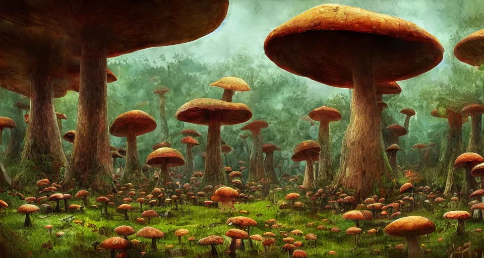 Image similar to A tribal village in a forest of giant mushrooms, by Marc Simonetti