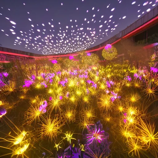 Image similar to electroluiniscent flower blooming at twilight, glow, wide-angle lens, beautiful, intricate, noctilucent, landscape, glowing neon, unreal engine